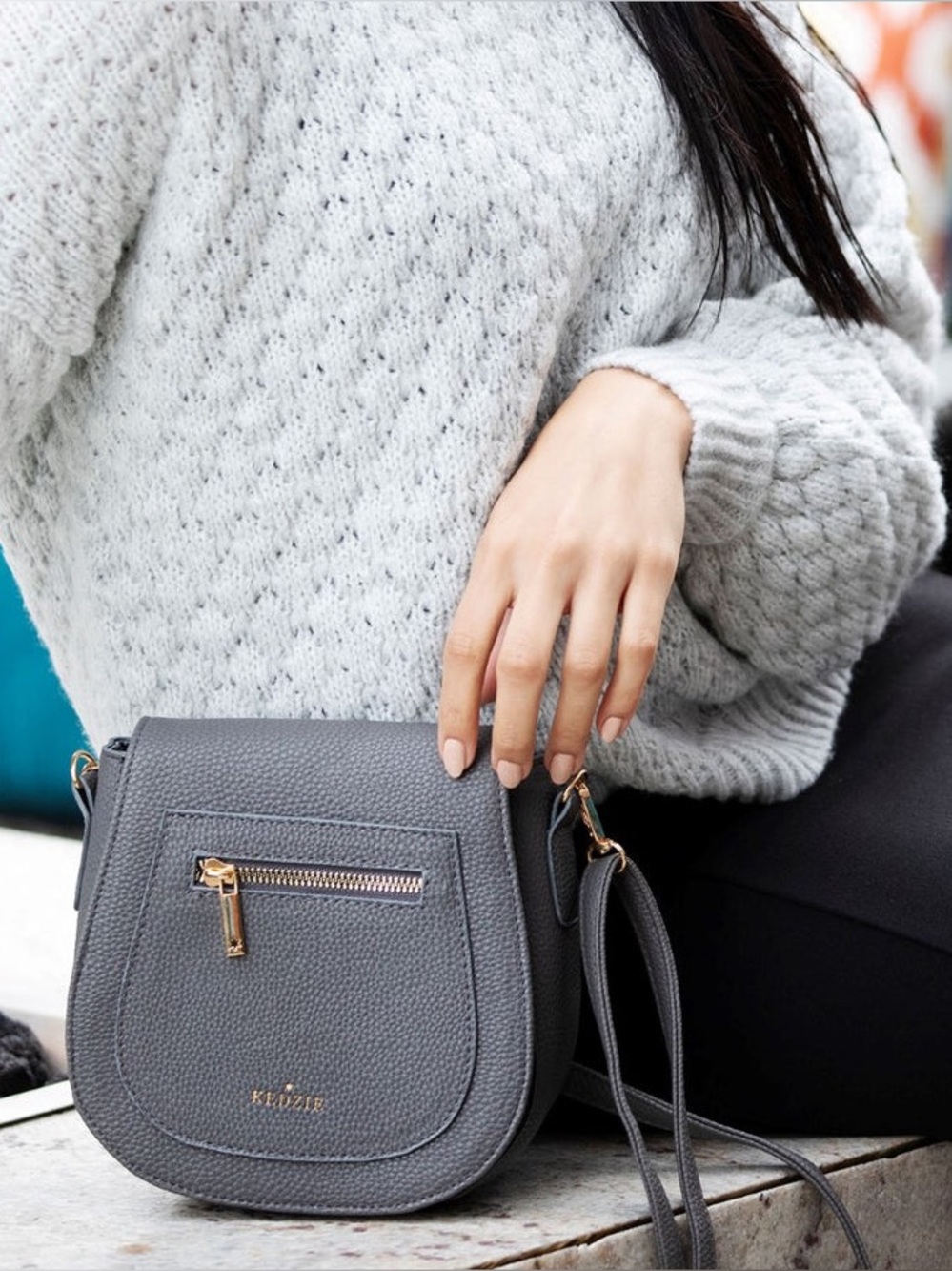 Kedzi Camden Gray Pebbled Mini Messenger Crossbody Saddle Bag w/ Gold Accents